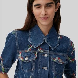 GANNI Cropped Fit Denim Jacket with  Flower Embroidery